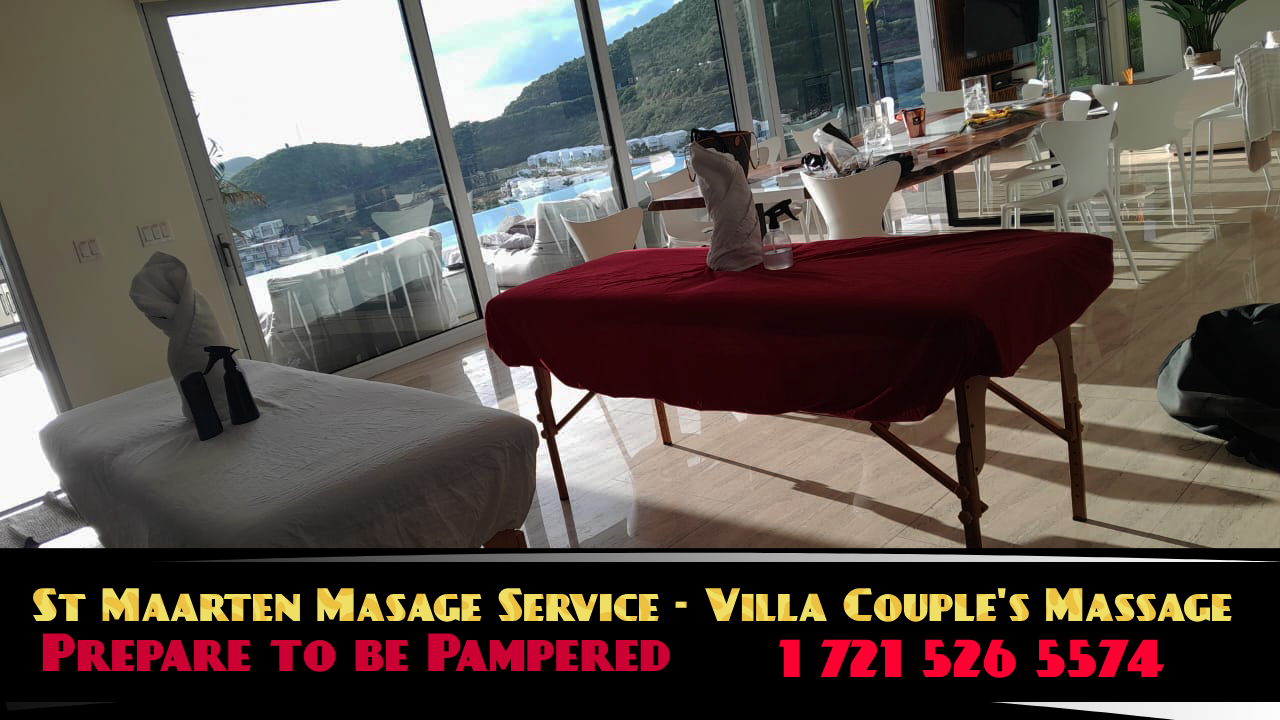 image of massage beds with red and white linen at villa in st maarten Indigo Bay villas for group massage ad with text that says:'st maarten massage service- prepare to be pampered'