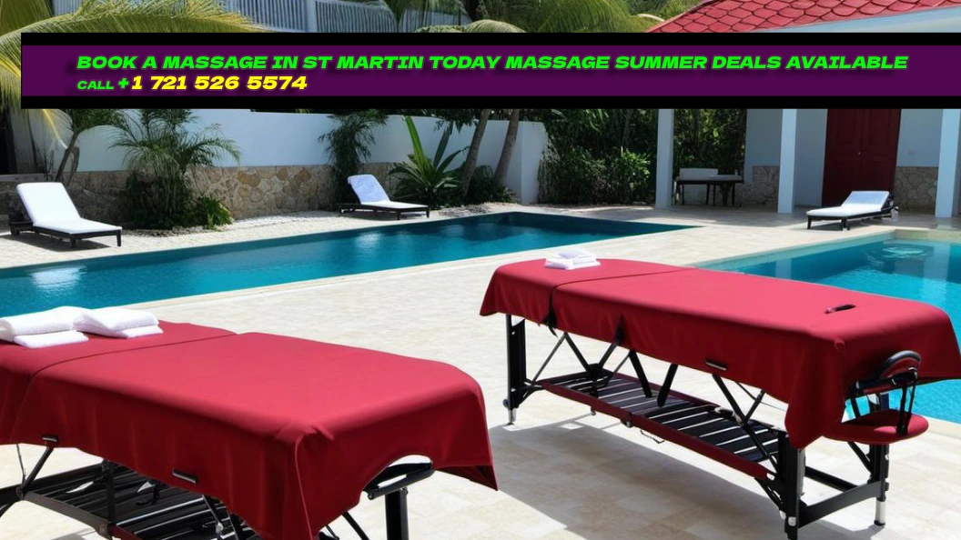 image of massage table with red linen for a group massage of two or more ad with text that reads 'book a massage in st martin today- massage summer deals available- call +1 721 526 5574'